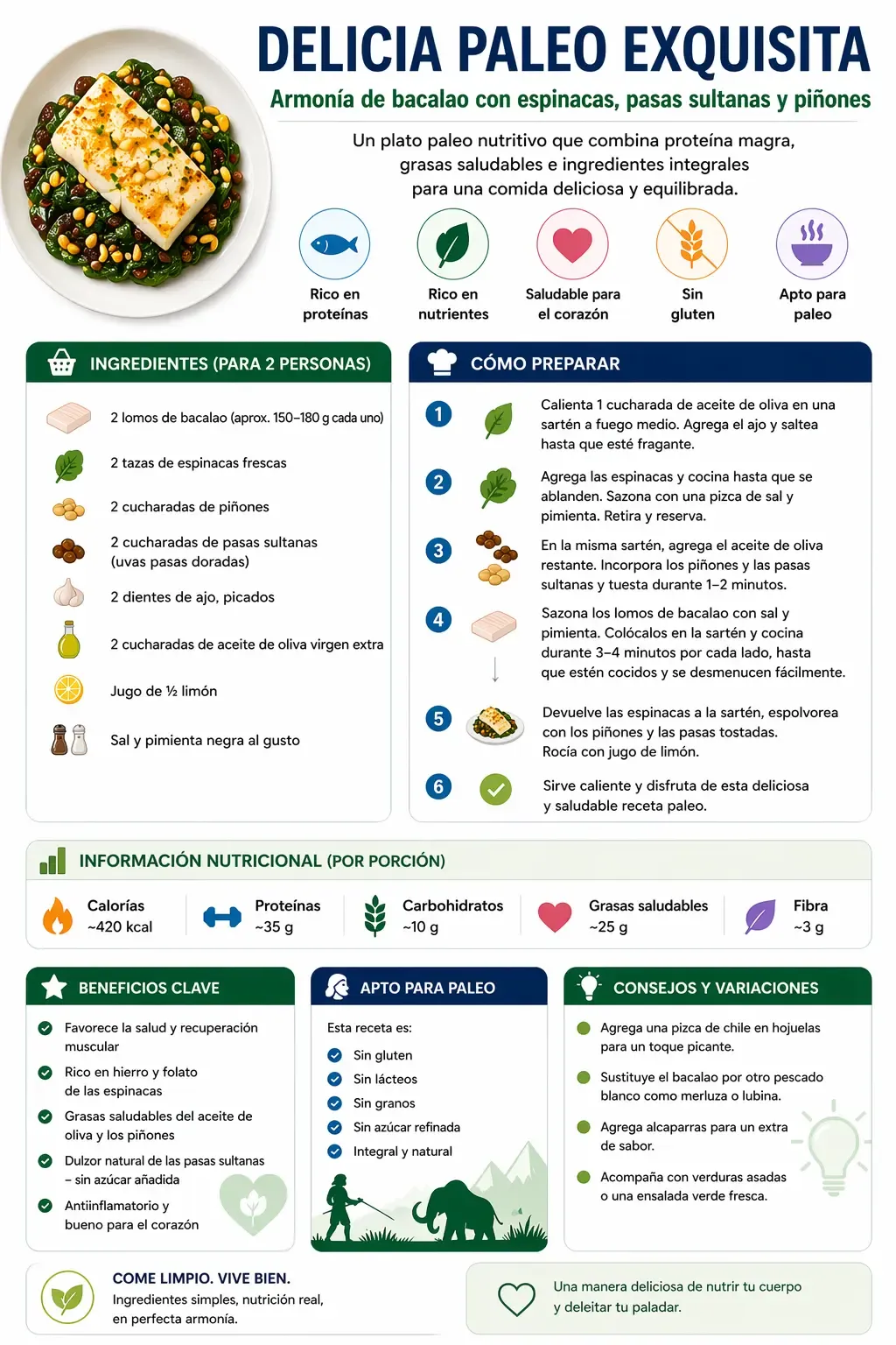 Infografía de la receta de bacalao con espinacas, pasas y piñones