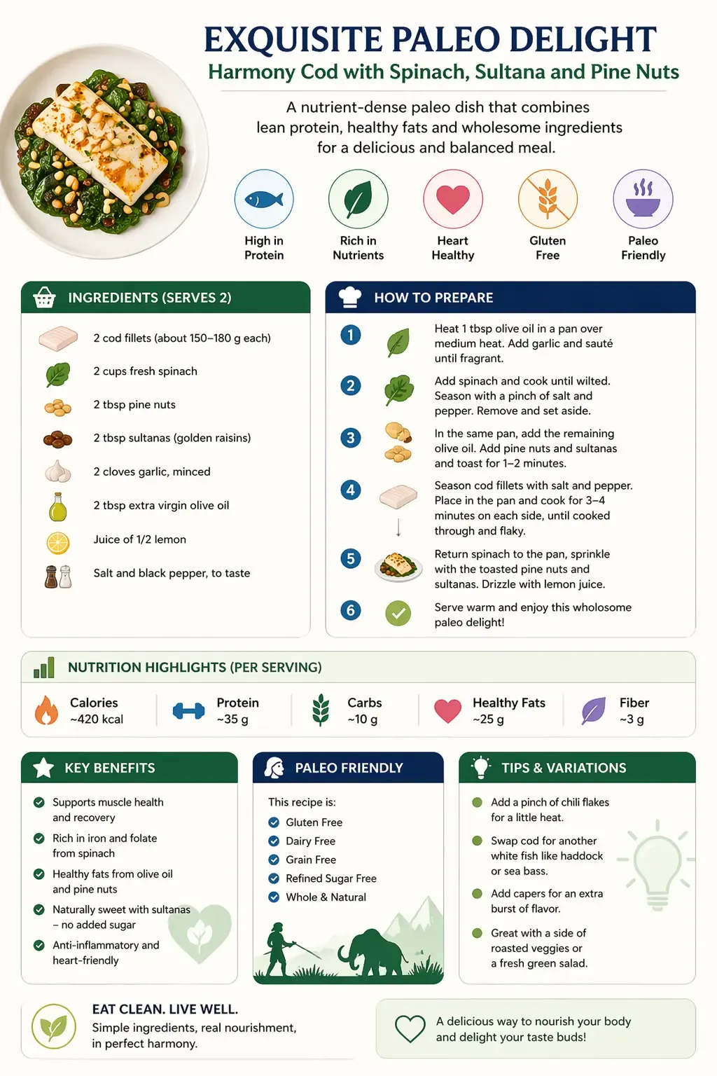 Infographic for cod with spinach, sultanas, and pine nuts recipe