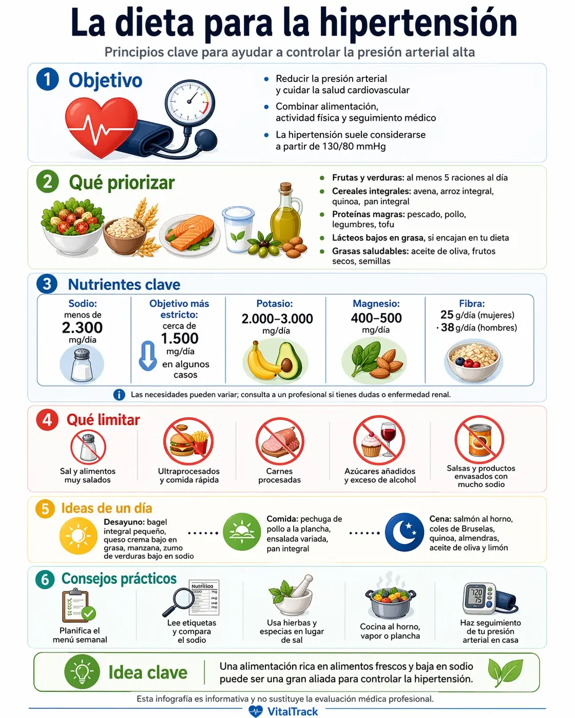 Infografía sobre principios y prácticas de la dieta para la hipertensión
