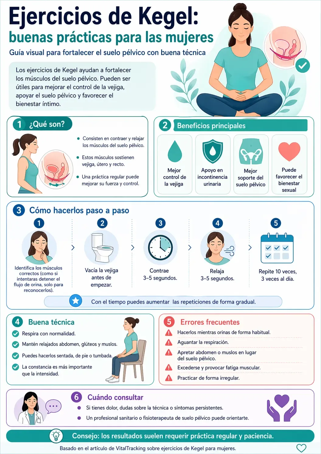 Infografía sobre mejores prácticas de ejercicios de Kegel para mujeres