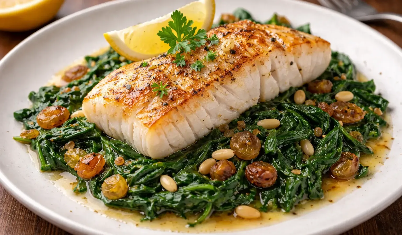 Exquisite Paleo Delight: Harmony Of Cod, Spinach, Sultanas And Pine Nuts
