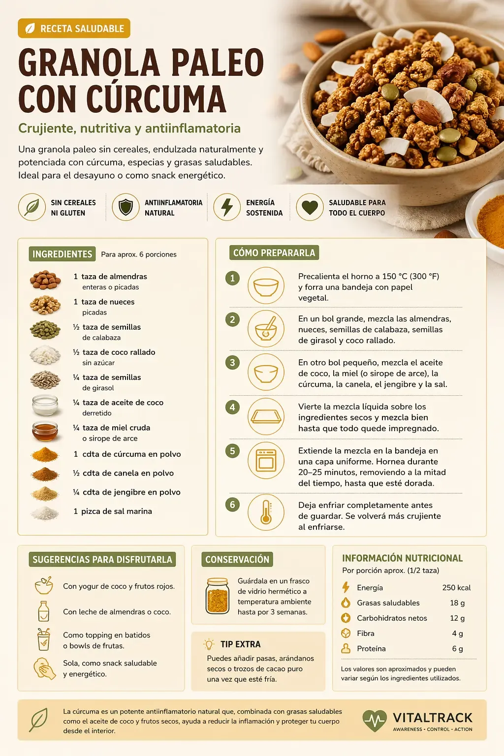 Infografía de la receta de granola paleo con cúrcuma