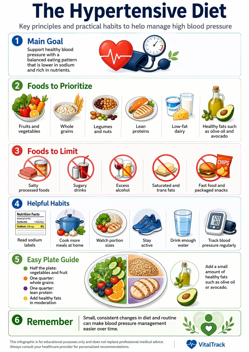 Infographic about hypertensive diet principles and practices