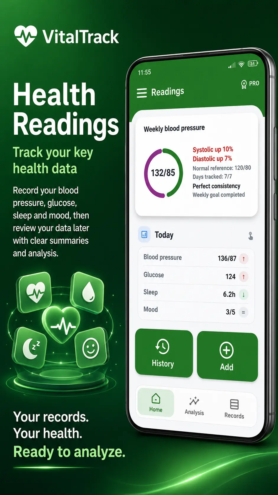 Health readings logging and review flow