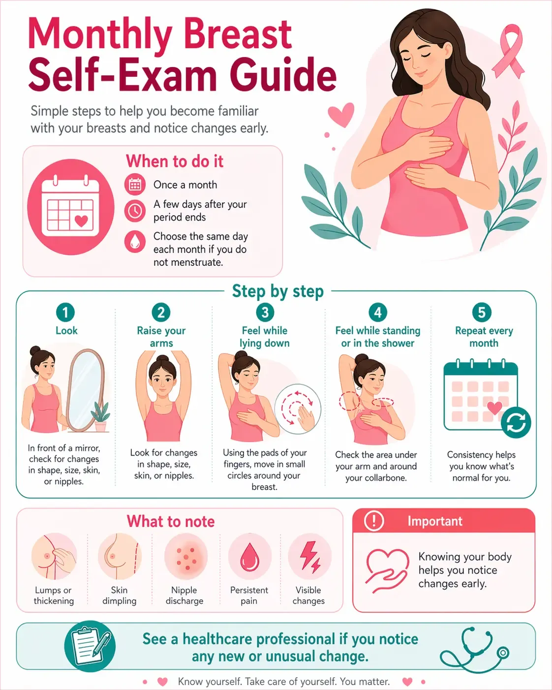 Infographic about a monthly breast self-exam routine