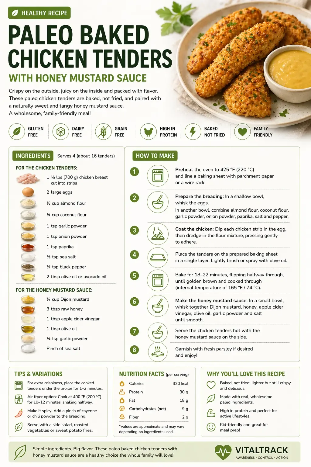 Infographic for paleo baked chicken tenders with honey mustard sauce recipe