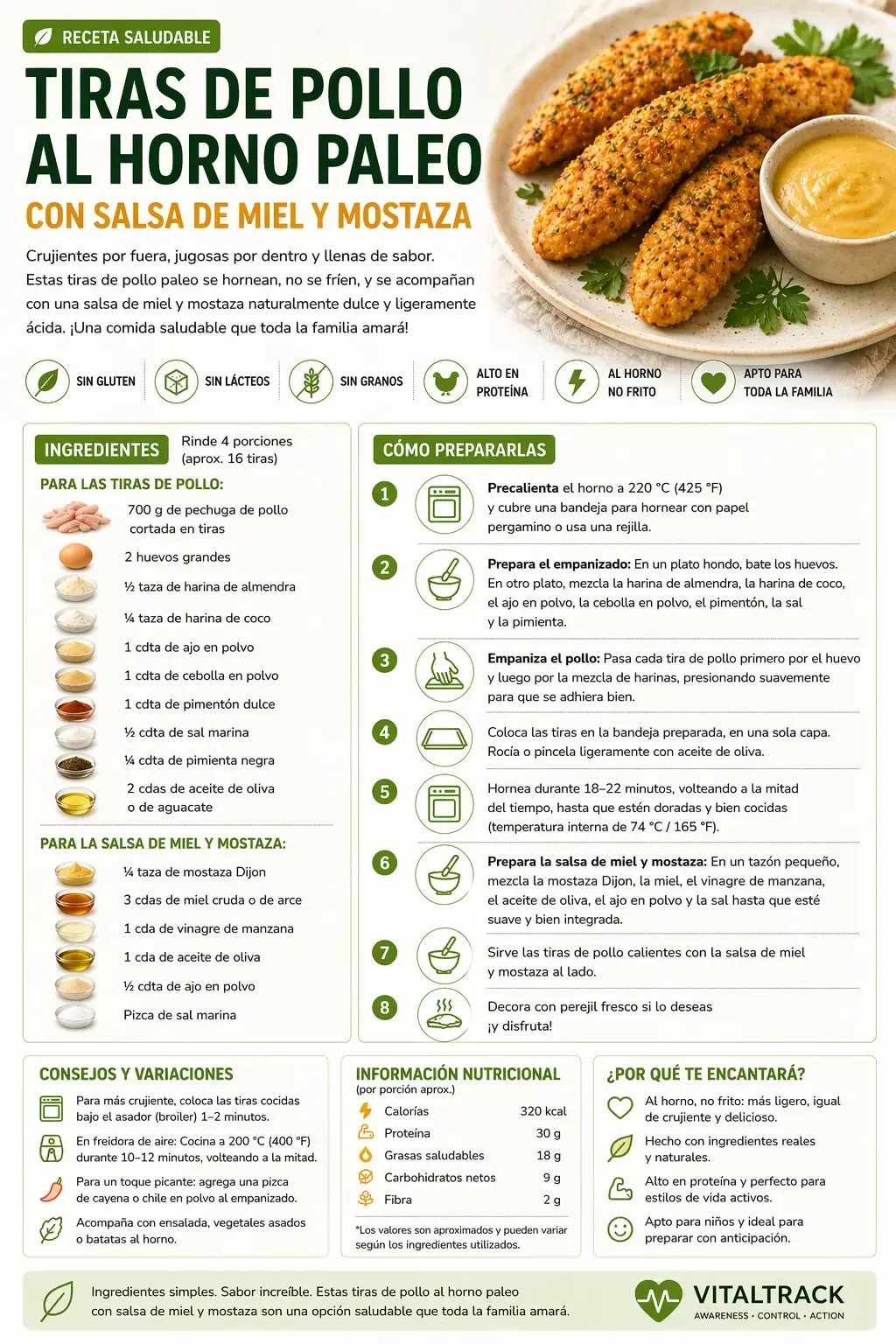 Infografía de la receta de tiras de pollo paleo al horno con miel y mostaza